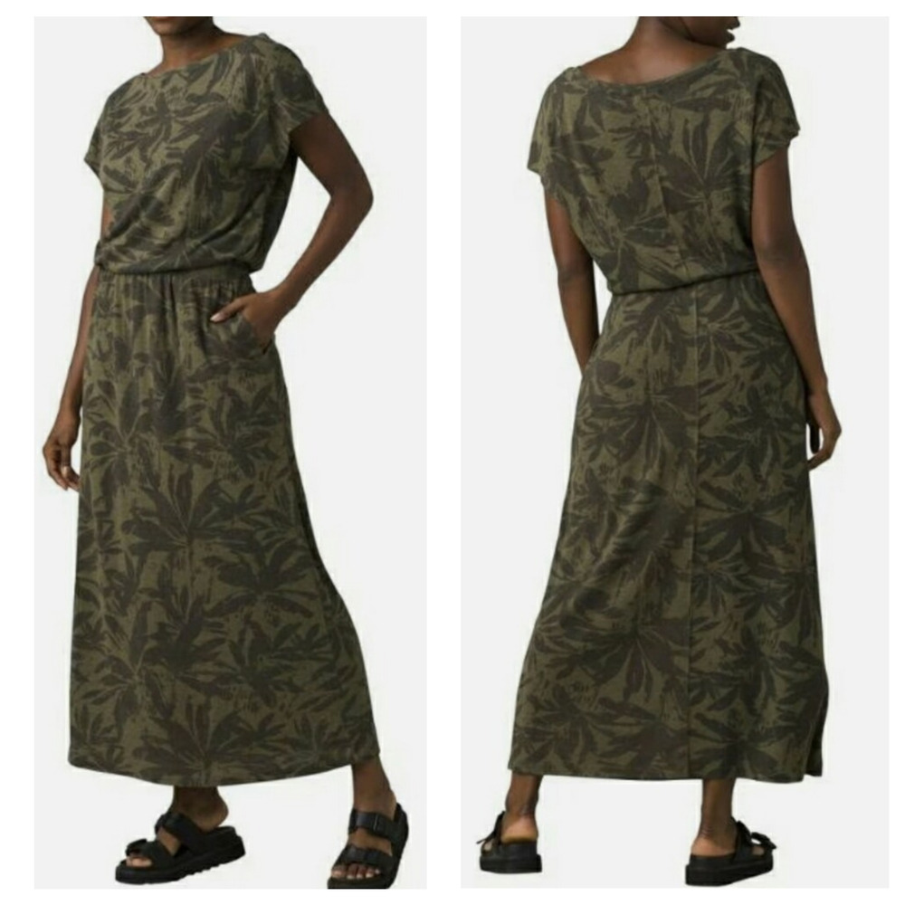 Prana Cozy Up Skyland Dress Cargo Palms (Green) Jersey Knit UPF 30 XS New